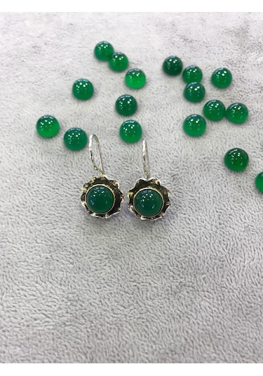 Yeşil Akik Taşlı Gümüş Küpe Taş