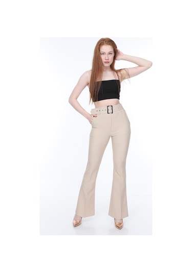 Bluence Beli Kemerli Ispanyol Paça Ekru Kumaş Pantolon Ekru