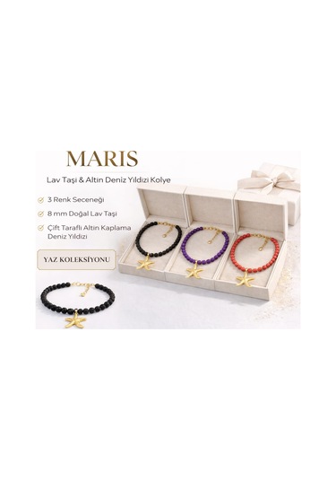 Maris Lav Taşı & Altın Deniz Yıldızı Kolye Mor Siyah Kırmızı