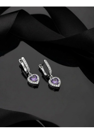 925 Ayar Ametist Taşlı Rodyum Pırlanta Işıltılı Sallantılı Kalp Gümüş Küpe Gümüş
