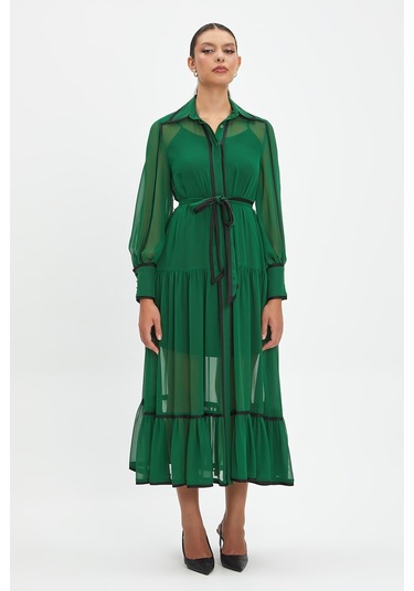 Şifon Ve Bağcıklı Midi Boy Elbise - Kontrast Şerit Detaylı - Günlük Ve Özel Günlük Şıklık Yeşil