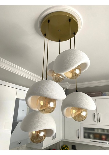 Modern 5'li Avize Beton Dokulu - Salon Ve Oturma Odası İçin Şık Tasarım Rustik Ampul Hediyeli Eskitme - Gold