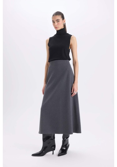 DeFacto A Kesim Esnek Belli Basic Düz Normal Bel Maxi Etek D5407AX24AUAR104 Antrasit