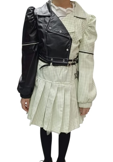 Kız Çocuk Deri Detaylı Yeşil Renk Üçlü Etekli Takım Yeşil