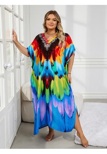 Edolynsa Şık Kadın Kaftan Bohem Renkli Bornoz Rahat Büyük Beden Moo Moo Elbise Taze Elbise Tatil Partisi Uzun Elbise Kıyafet Q1594 Çok Renkli