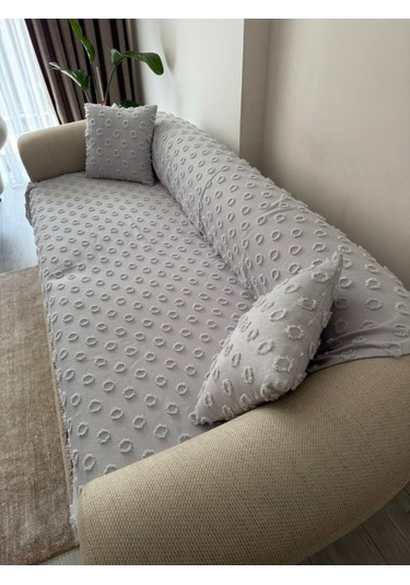 Konik Kırlent Kılıfı Hediyeli 170x210 Cm Pamuklu Koltuk Örtüsü Gri Gri