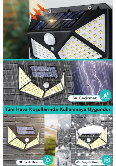 2 Adet Güneş Enerjili Duvar Lambası - Solar 100 Led Işık 3 Modlu Hareket Sensörlü Bahçe Aydınlatma Siyah