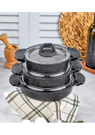 Eda Zk-900 Döküm Granit 3'lü Sahan Seti Siyah 6 Adet Silikon Tutamaç Hediyeli