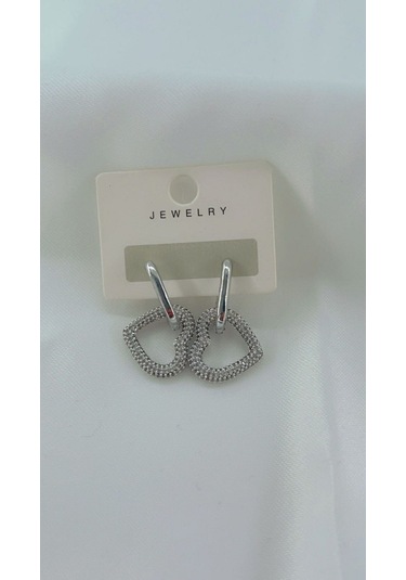 Kadın Zirkon Taşlı Tasarım Kalp Küpe Gümüş Renk Gümüş