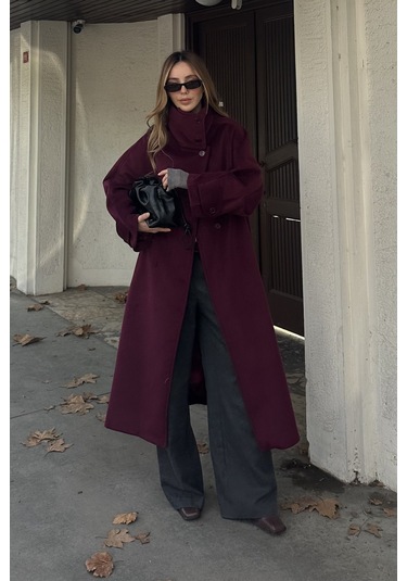 Bordo Vittoria Düğmeli Yaka Kaban - 2511 Bordo