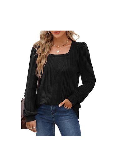 Novahub Gmxıa Kadın Modası Rahat Yaz Düz Renk Baskı Uzun Kollu U Yaka Bluzlar Ve Gömlekler Siyah - 2xl Siyah