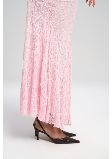 Veylia Uzun Pembe Dantel Etek Pembe