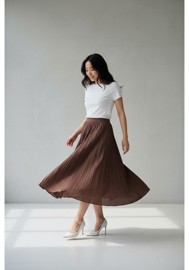 Pileli Pamuklu Dokuma Viskon Kışlık Etek 95 Cm - 38-48 Kahverengi