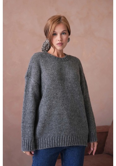 Kadın Bisiklet Yaka Yumuşak Dokulu Oversize Triko Kazak 3032 Antrasit