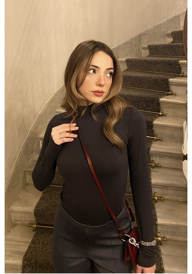 Kadın Dik Yaka Füme Bluz Füme