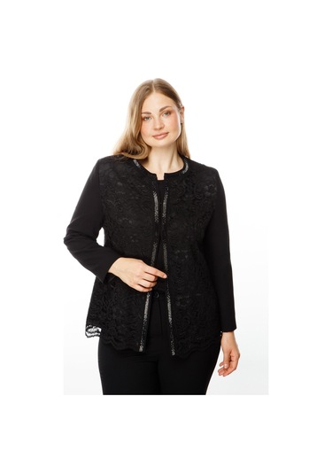 Moda İlgi Kadın Büyük Beden Sıfır Yaka Dantelli Ön Patı Taşlı Kısa Ceket 5025 Siyah Siyah