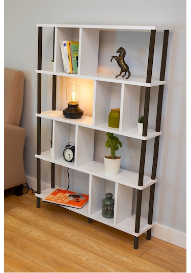 Yüksek Kalite 5 Raflı Kitaplık Ahşap Ayaklı Klasörlük Mutfak Rafı Çok Amaçlı Düzenleyici Raf Beyaz Siyah
