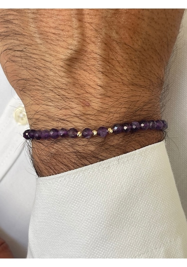 14 Ayar Altın Dorika Detaylı Doğal Amatis Taşlı Unisex Altın Bileklik Altın