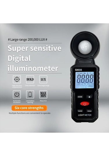 Boatshop1 Siyah Dijital Işık Ölçer Luxmetre 20 Lux 200000 Lux 18500 Fc Aydınlatma Ölçüm Cihazı Pil Dahil Değil