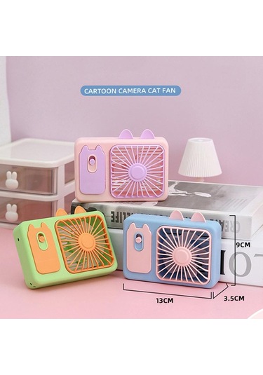 Sevimli Karikatür Yavru Kedi Kamera El Büyük Rüzgar Şarj Edilebilir Fan Standı Masaüstü Fanı Mor