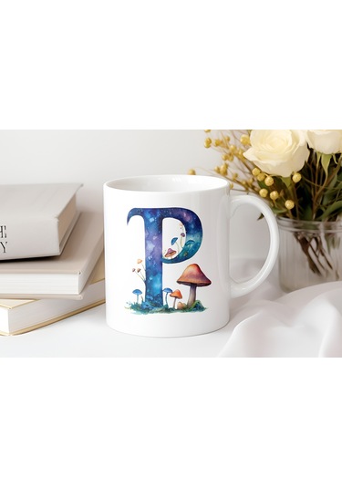 P Baş Harfi Fantastik Mantarlı Kupa Bardak - Kişiye Özel Masalsı Bardak - Hediye Beyaz