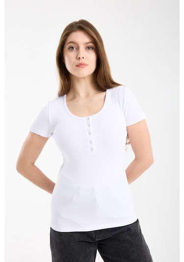 Hdm Kadın Esnek Fitilli Yakası Çıtçıtlı Beyaz Kısa Kol Basic Örme Bluz - H5993-55 Beyaz