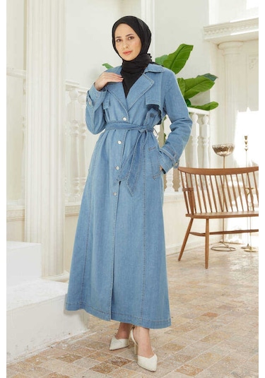 Neways 6458-Battal Allerli Denim Trençkot Mavi Mavi