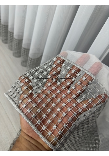 Tül Perde Etek Aplike Eritme Bertu Desen Gri İşleme Ekru
