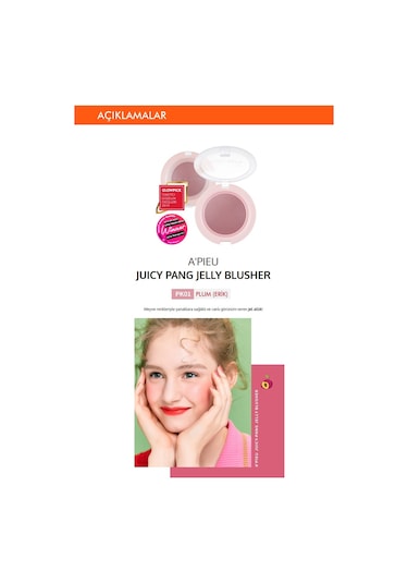 Missha A'PIEU Juicy-Pang Jelly Blusher Meyve Tonlarında Doğal Görünümlü Jel Allık PK01