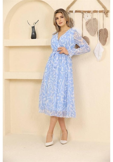 Neşeli Butik Kadın Mavi Desenli Şifon Elbise Rssn32 Mavi