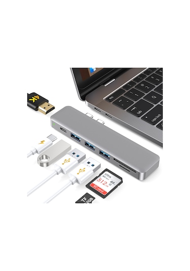 Springsun Çift Usb-c Bağlantı Noktalı Alüminyum Alaşımlı 7'si 1 Arada Çoklu Bağlantı Noktalı Hub 4k Video Hd Çıkış Bağlantı