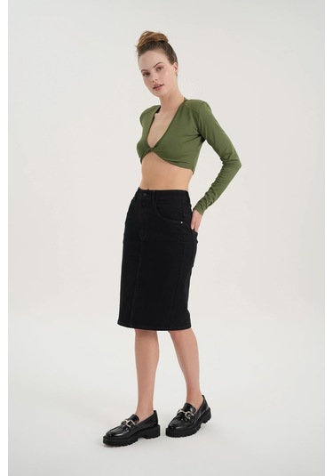 Cross Jeans  C 4990-005 Yüksek Bel Patı Fermuarlı Yırtmaçlı Esnek Kadın Jean Etek Siyah