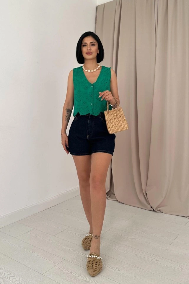 Nova Bazaar Yeşil Sıfır Kol Brode Bluz Yeşil