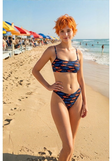 Akdeniz Suları Mavi & Kehribar Balık Desenli Premium Bandeau Bikini Set-3467