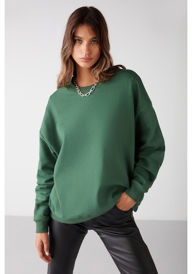 Vaneltına Kadın Içi Polarlı 3 Iplik Organik Pamuk Oversize Basic Bisiklet Yaka Yeşil Sweatshirt