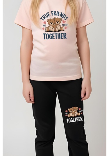 True Friends Baskılı Kız Çocuk Tişört Ve Eşofman Alt-üst Takım Somon