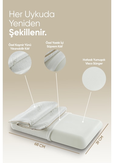 Kaşmir Visco Yastık - Özel Büyük Boy Cashmere Uyku Yastığı - Ortopedik Kaşmir Kumaş Visko Yastık Beyaz