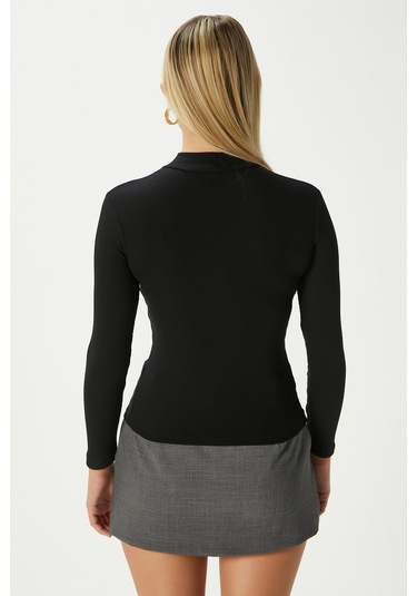 Kadın Gloria Gold Düğmeli Uzun Kollu Siyah Fitilli Pamuk Bluz Siyah