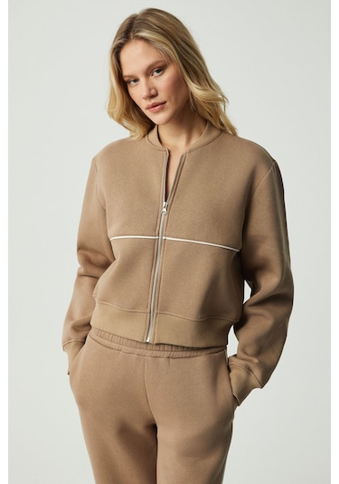 GRIMELANGE Anyul Kadın Relaxed Bomber Yaka Vizon Sweatshirt Vizon