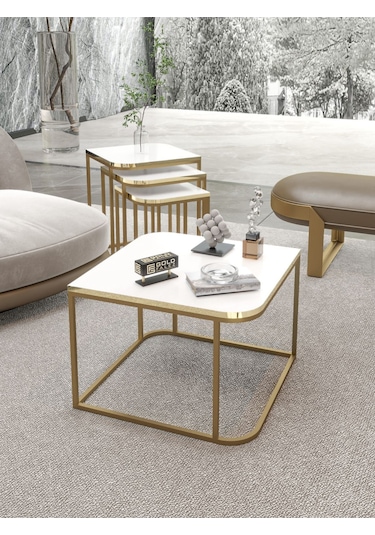 Orta Sehpa Ve Zigon Sehpa Damla Gold Beyaz Beyaz