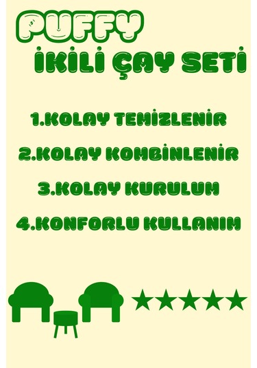 Puffy Çay Seti Berjer Ve Puf Takımı Salon, Ofis, Balkon - 2'li Takım