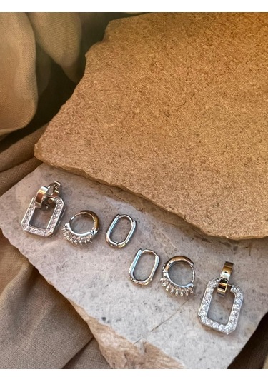 Gümüş Renkli Taşlı Altılı Küpe