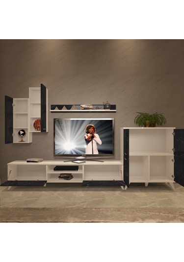 Decoraktiv Eko 6 Mdf Dvd Retro Tv Ünitesi Tv Sehpası Beyaz - Siyah Mermer