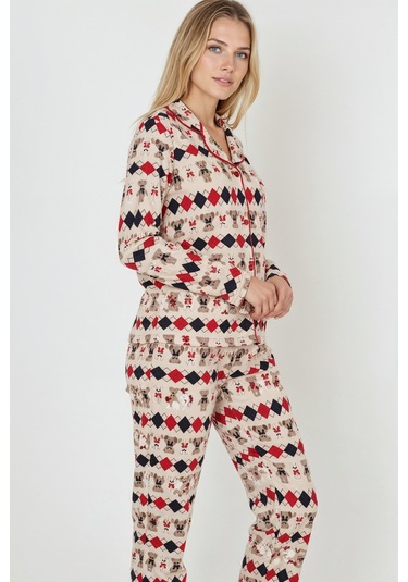 Luxury Soft Ekru Desenli Uzun Kollu Kadın Pijama Takımı 3028 Ekru
