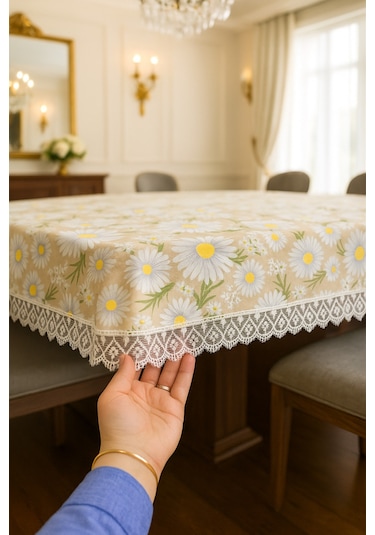 Lüks Papatya Masa Örtüsü - Dantel Süslemeli Modern Tasarım Leke Tutmaz Su Geçirmez Çok Renkli