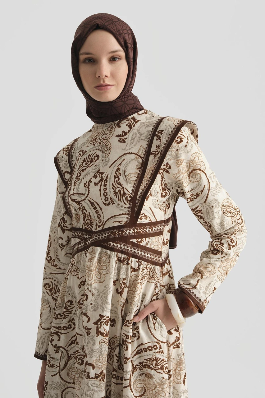 Armine Etnik Desenli Keten Elbise 25y9008 Kahverengi Kahverengi