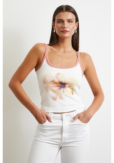 Çiçek Baskılı Askılı Top Ekru Ekru