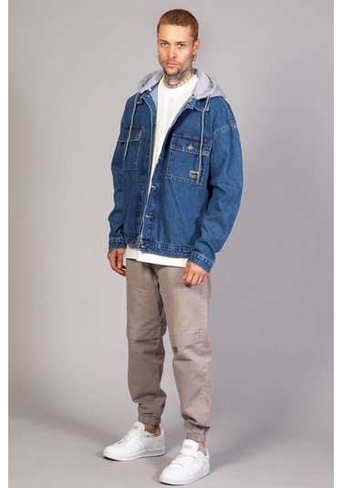 Erkek Mavi Kapüşonlu Çıkarılabilir Kapüşonlu Oversize Kot Cek... Mavi