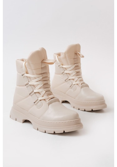 Asm-083 Bej Bağcıklı Su Geçirmez Kadın Kar Botu Beyaz