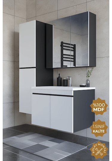 Teta Home Tokyo 80 Cm Mdf Banyo Dolabı Seti +boy Dolabı Antrasit - Beyaz
